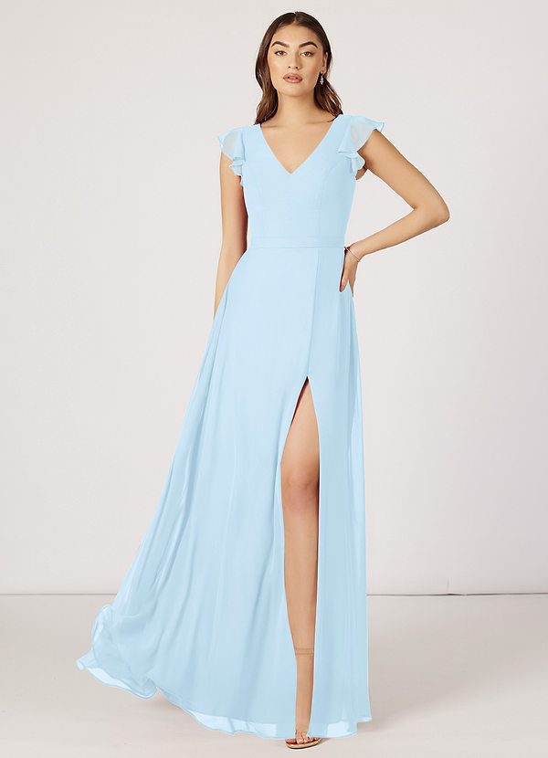 Azazie Claudine Bridesmaid Dresses A-Line Flutter Sleeve Chiffon Floor-Length Dress image1