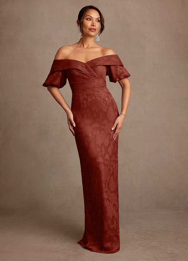 Azazie Golda Mother of the Brides Dresses Terracotta Sheath Off the Shoulder Floral Burnout Dress image1
