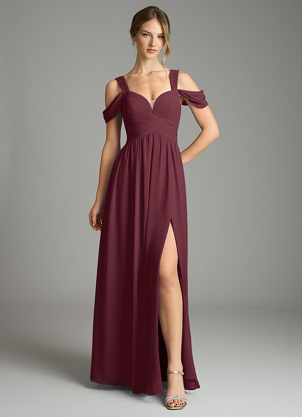 Azazie Lianne Bridesmaid Dresses Cabernet A-Line Off the Shoulder Chiffon Dress image1