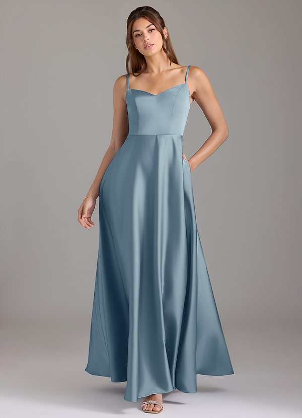 Azazie Marley Brautjungfernkleider Wandelbar A-Linie Schulterfrei Stretch-Satin Kleid Staubblau image1