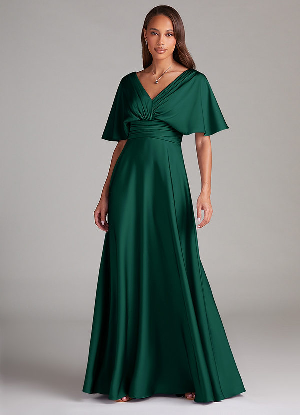 Azazie Pamela Bridesmaid Dresses Emerald A-Line Pleated Stretch Satin Dress image1