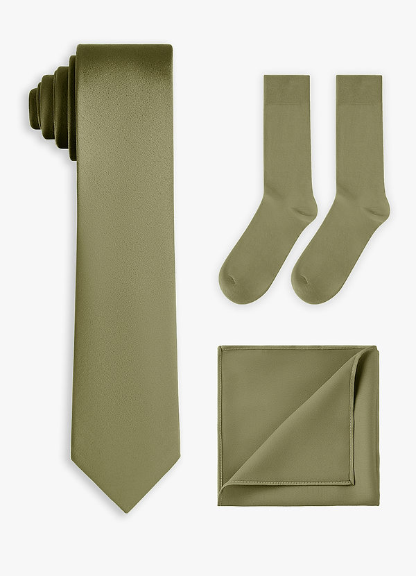 front Set coordinato di cravatta sottile in raso elasticizzato, fazzoletto da taschino e calzini