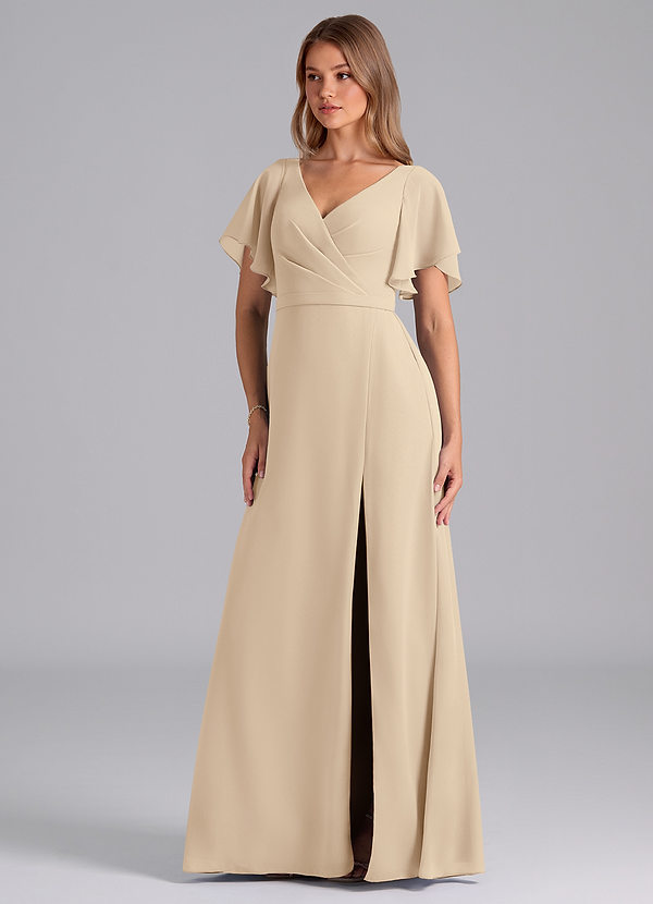 Azazie Ambrosia Bridesmaid Dresses Champagne A-Line Pleated Chiffon Dress image1