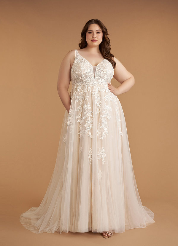 Azazie Sorella Wedding Dresses Diamond White Champagne A-Line V-Neck Sequins Tulle Dress image1