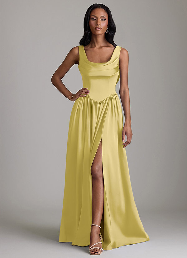 Azazie Novi Robes de demoiselle d'honneur Robe Trapèze en Satin extensible Avec poches Canari image1