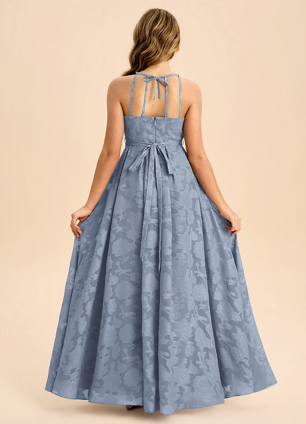 Azazie Arianthe Junior Dusty Blue A-Line Pleated Floral Burnout Dress image1