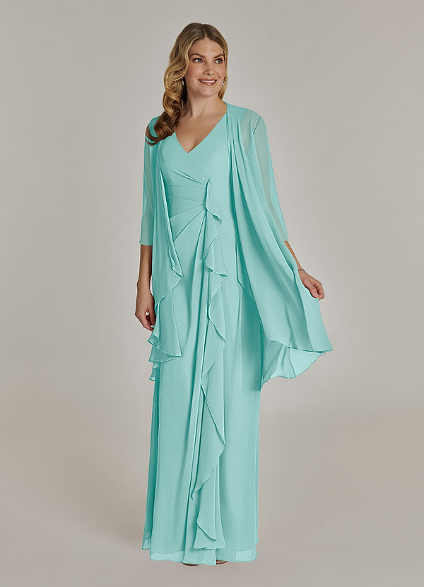Azazie Manuella Mother of the Brides Dresses Aqua A-Line V-Neck Pleated Chiffon Dress image1