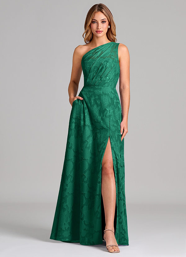 Azazie Phaedra Bridesmaid Dresses Emerald A-Line One Shoulder Floral Burnout Dress image1