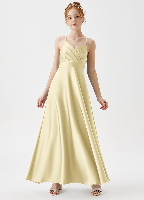 Azazie Avelina Junior Lemon Sorbet A-Line Pleated Stretch Satin Dress image1