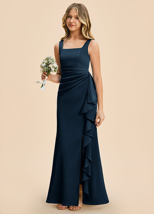 Azazie Adrienne Junior Dark Navy Sheath Pleated Stretch Satin Dress image1