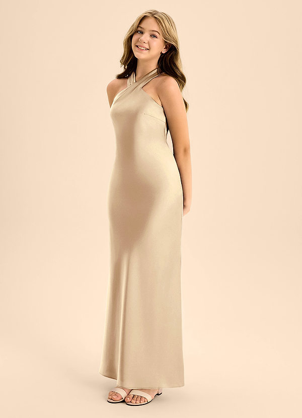 Azazie Doretta Junior Champagne Mermaid Pleated Stretch Satin Dress image1