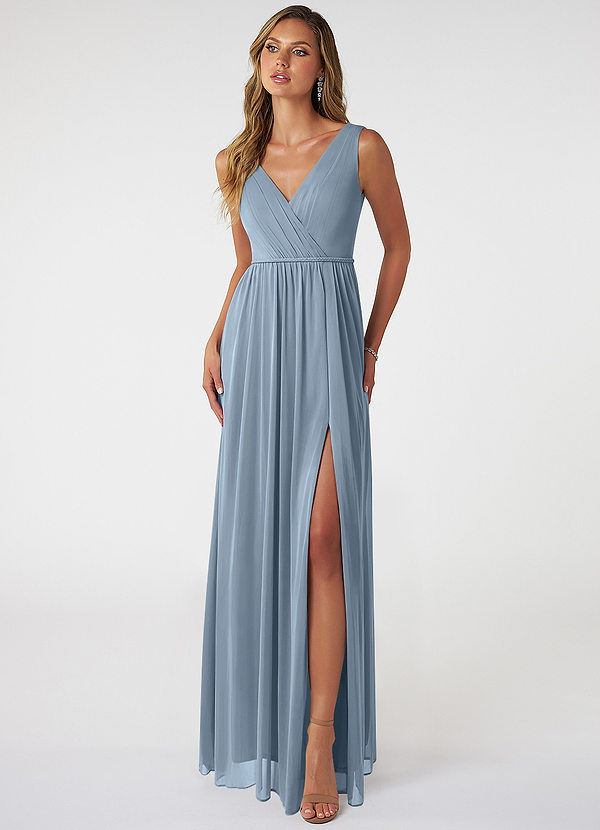 Azazie Tanicia Bruidsmeisjes Jurken Jurk van Mesh met A-Lijn V-hals geplooid Stoffig Blauw image1