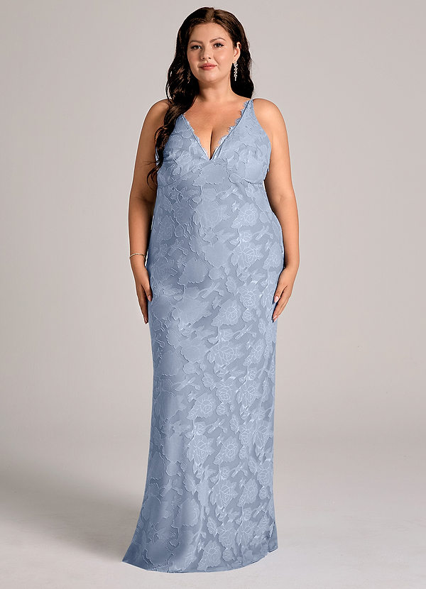 Azazie Tianna Bridesmaid Dresses Dusty Blue Sheath Lace Floral Burnout Dress image1