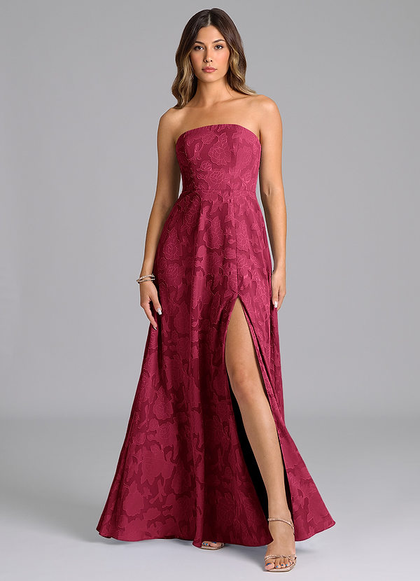 Azazie Wren Bridesmaid Dresses Burgundy A-Line Strapless Floral Burnout Dress image1