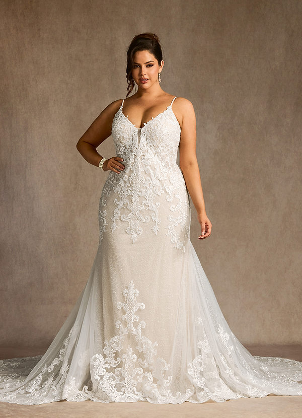 Azazie Selene Wedding Dresses Diamond White Champagne Mermaid V-Neck Lace Dress image1