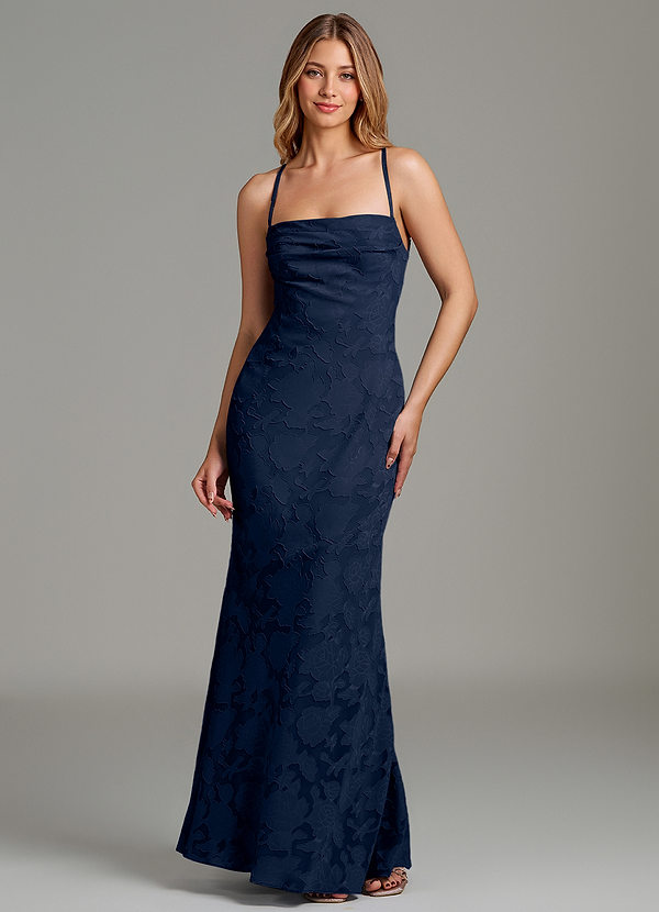Azazie Ola Vestidos de dama de honor Vestido de Azul Marino Oscuro de Devorado Floral de Corte Sirena con Corsé image1
