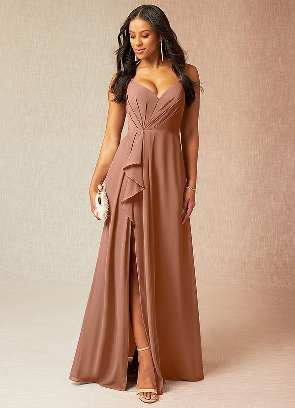 Azazie Kyedae Abiti da Damigella Abito A-Line in Chiffon con Scollo a V a Pieghe Bronzo image1