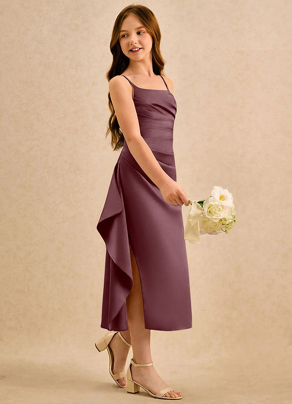 Azazie Canna Girls Formal Sukienki dla dziewczynek sypiących kwiaty Linia A Pofałdowany Satyna elastyczna Długość herbaty Sukienka image1