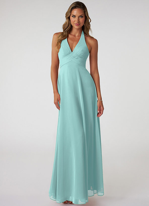 Azazie Tessie Vestidos Dama de Honor Vestido de Aqua de Gasa de Corte en A con Cuello en V plisado image1