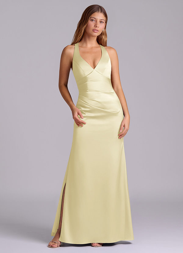 Azazie Amelie Suknie dla druhen Linia A Pofałdowany Satyna elastyczna Do ziemi Sukienka image1