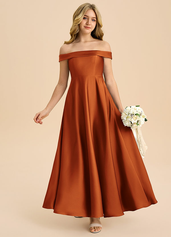 Azazie Sissy Junior Cinnamon A-Line Off the Shoulder Stretch Satin Dress image1