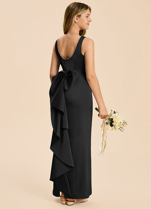 Azazie Emi Junior Black Sheath Bow Stretch Satin Dress image1