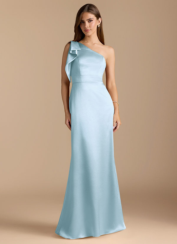 Azazie Rinna Bridesmaid Dresses Sky Blue Mermaid Ruched Metallic Satin Dress image1