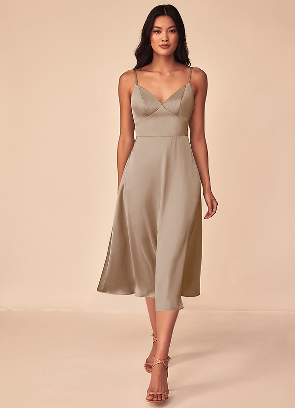 Azazie Dottie Bridesmaid Dresses Taupe A-Line Stretch Satin Dress image1