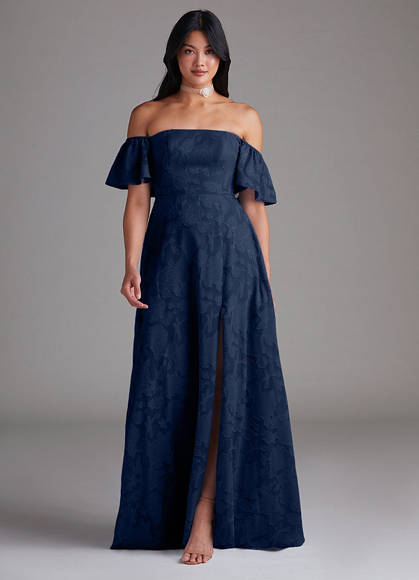 Azazie Sue Bruidsmeisjes Jurken Converteerbaar Jurk van Bloemen Burn-out met A-Lijn Off the Shoulder Donkere Marine image1
