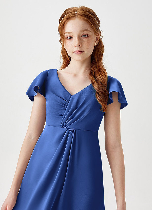 Azazie Soren Junior Abito A-Line in Raso Elasticizzato Increspato Blu Reale image1