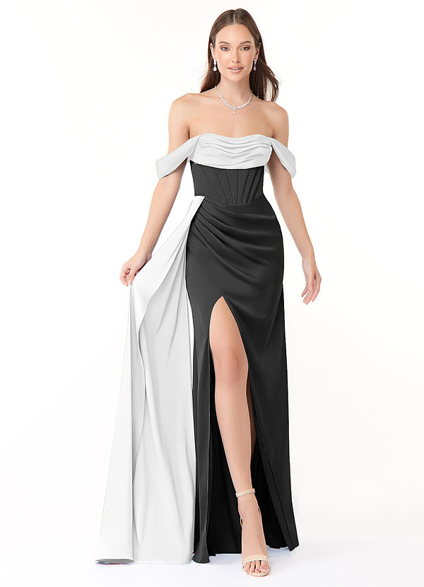 Azazie Amyra 신부 들러리 드레스 인어 오프 더 숄더 스트레치 새틴 바닥 길이 드레스 image1