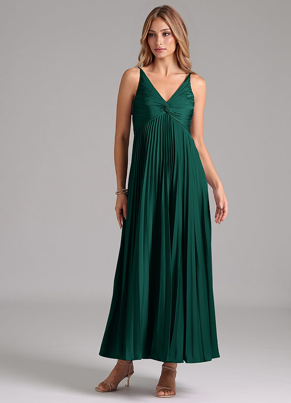 Azazie Raychelle Bridesmaid Dresses Emerald A-Line Pleated Stretch Satin Dress image1