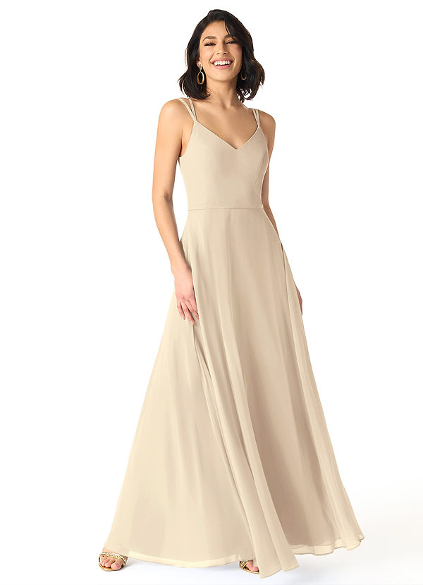 Azazie Janine Bridesmaid Dresses Champagne A-Line V-Neck Chiffon Dress image1