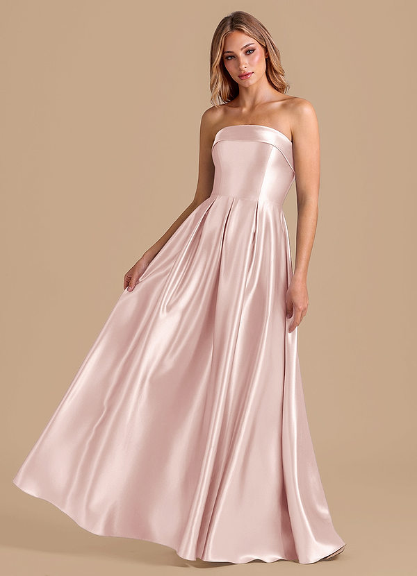 Azazie Lucienne Bridesmaid Dresses Blushing Pink A-Line Pleated Metallic Satin Dress image1