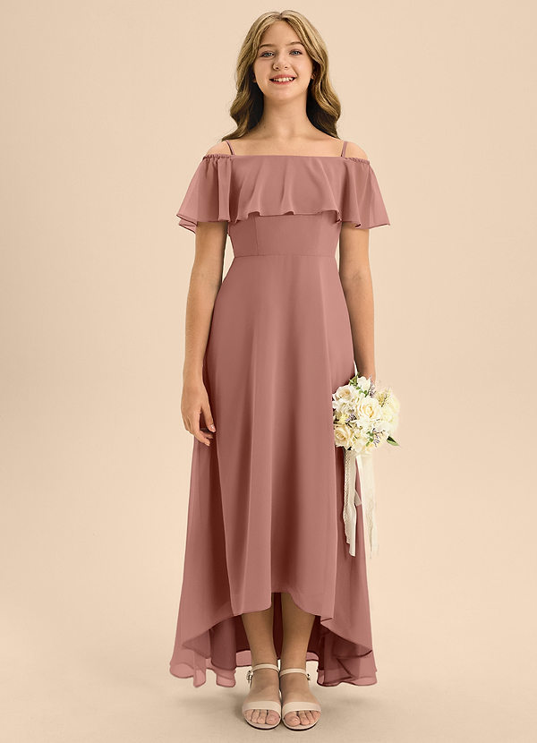 Azazie Maggie Junior Cedar Rose A-Line Off the Shoulder Chiffon Dress image1