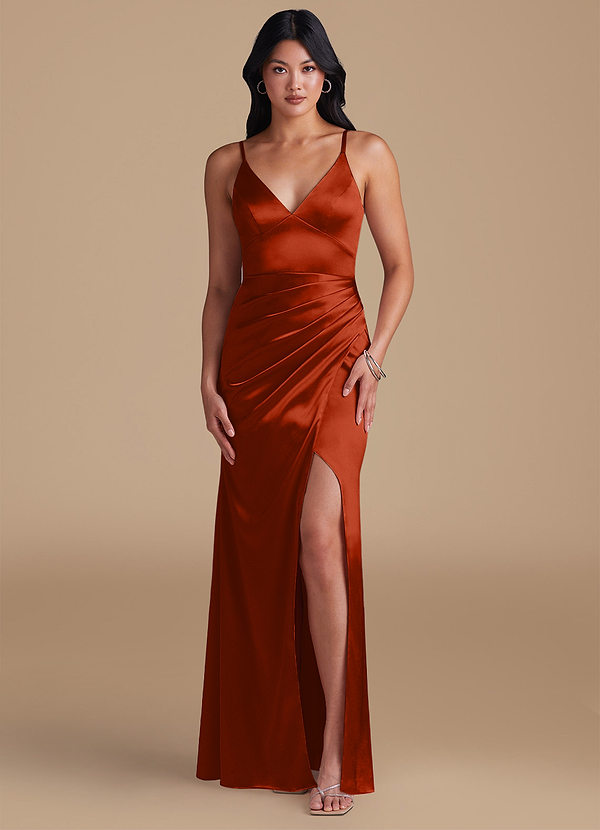 Azazie Shania Vestidos Dama de Honor Vestido de Pimenton de Satén Metálico de Corte Recto con Plisado image1