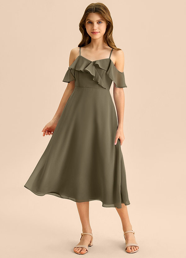 Azazie Kamilla Junior Vestido Salgueiro Verde de Chiffon de Linha A com Fora do ombro image1