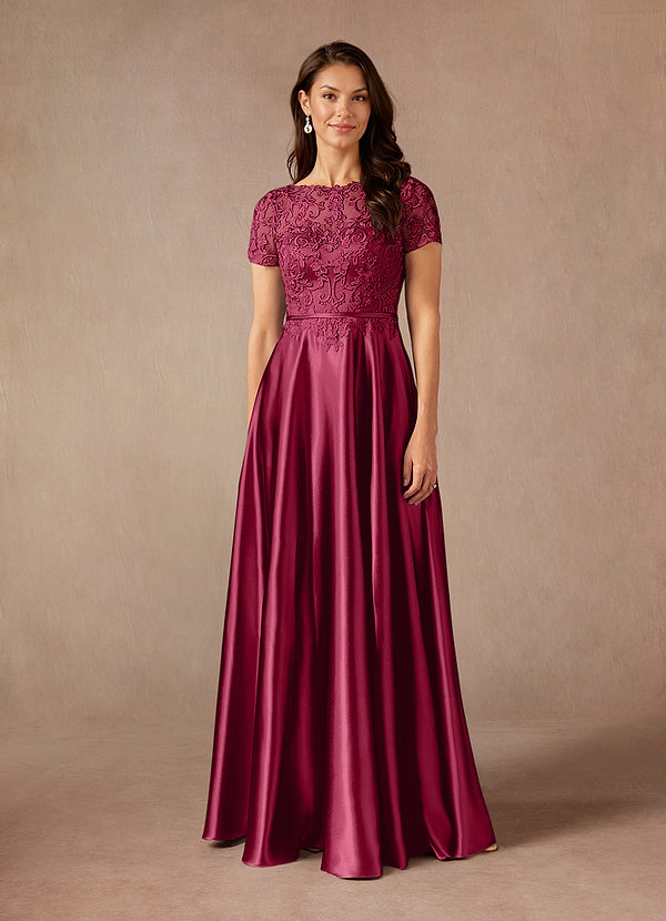 Azazie Adina Mother of the Brides Dresses Burgundy A-Line Lace Metallic Satin Dress image1