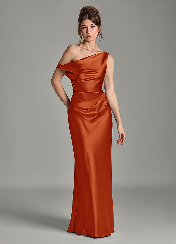 Azazie Emerson Bridesmaid Dresses Paprika Mermaid Off the Shoulder Metallic Satin Dress image1