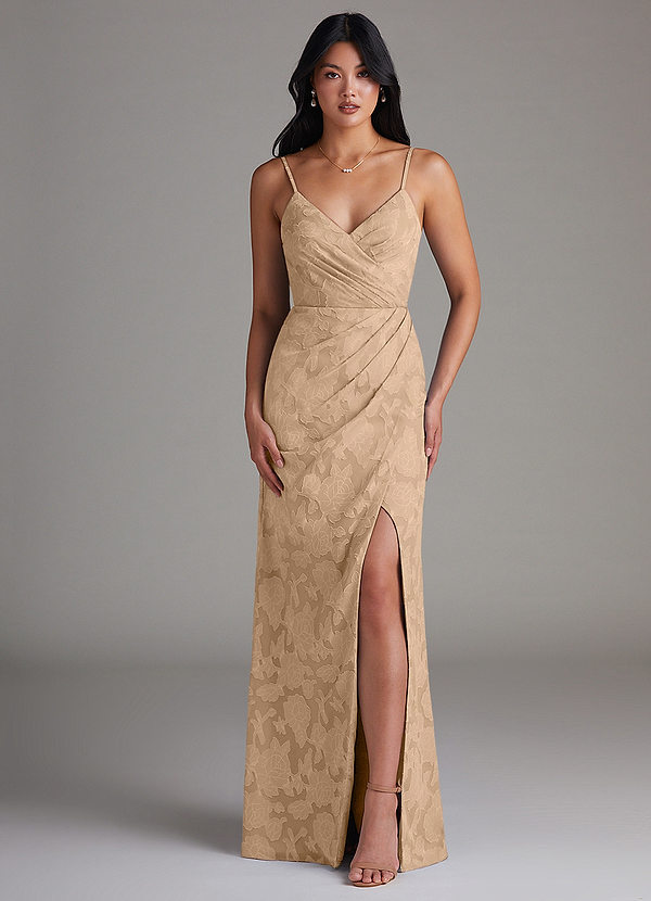 Azazie Maci Bridesmaid Dresses Champagne Sheath Pleated Floral Burnout Dress image1
