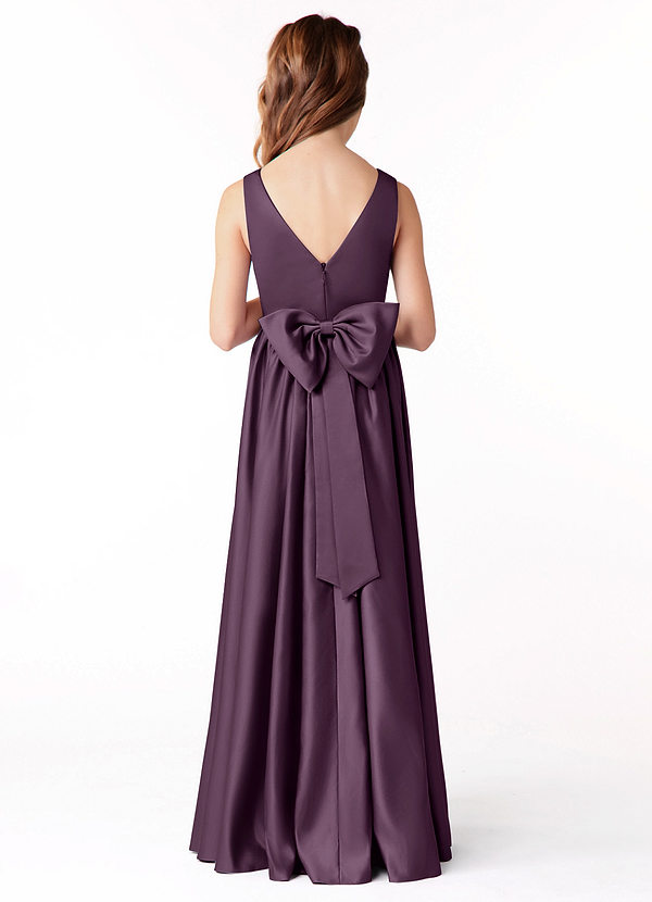 Azazie Hathaway Junior Vestido Ameixa de Cetim elástico de Linha A com Arco image1