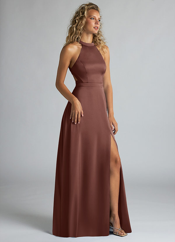 Azazie Clarice Robes Demoiselle d'honneur Robe Trapèze en Satin extensible Col Haut Expresso image1