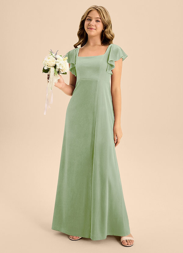 Azazie Bondi Junior Dusty Sage A-Line Bow Velvet Dress image1