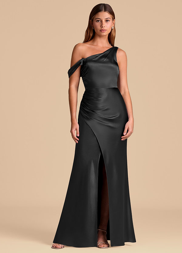 Azazie Madelyn Suknie dla druhen Syrena Zza ramienia Metaliczny satynowy Do ziemi Sukienka image1