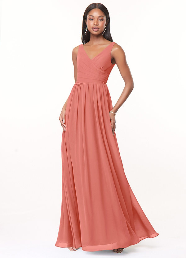 Azazie Keyla Bridesmaid Dresses Salmon Pink A-Line V-Neck Pleated Chiffon Dress image1