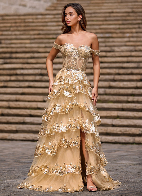 Glitz Champanhe Vestido de festa em tule com decote em A, ombro a ombro, cauda longa, babados, lantejoulas e fenda image1