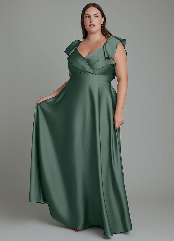 Azazie Leilani Bridesmaid Dresses Sea Moss A-Line Ruched Stretch Satin Dress image1