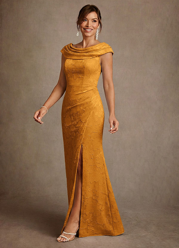 Azazie Irvine Abiti da Mamma Sposa Abito A-Line in Burnout Floreale Plissettato Caramello image1