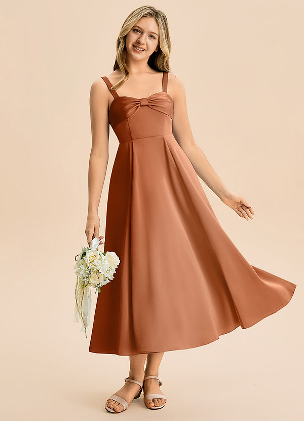 Azazie Ramona Junior Vestido de Cobre de Satén Elástico de Corte en A con Escote de Corazón image1