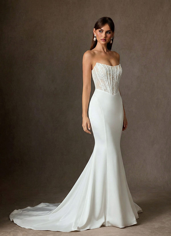 Azazie Yamelle Robe de Mariée Robe Sirène en Satin Épaule décolletée Diamant Blanc Champagne image1